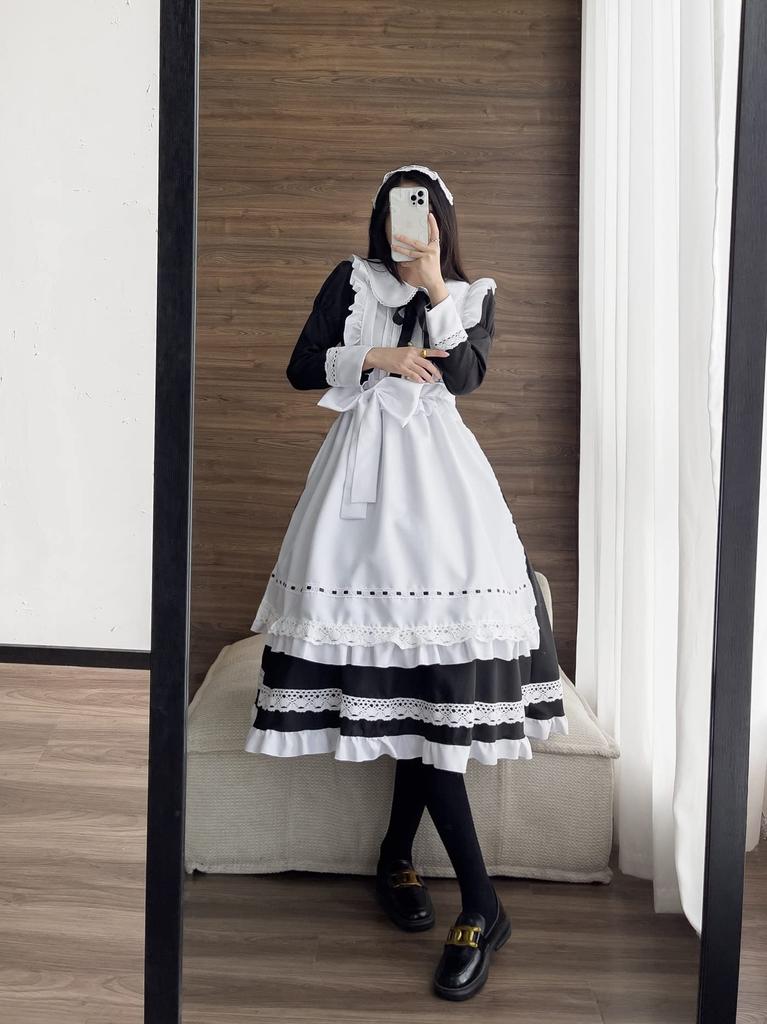 SVNVIOZ Süßes Gothic Lolita Dienstmädchen Authentisch Langarm Cosplay Beliebt für und Enthält Schleife und Set Outfit, Kostüm, Kleid, Halloween, Partys, Veranstaltungen,
