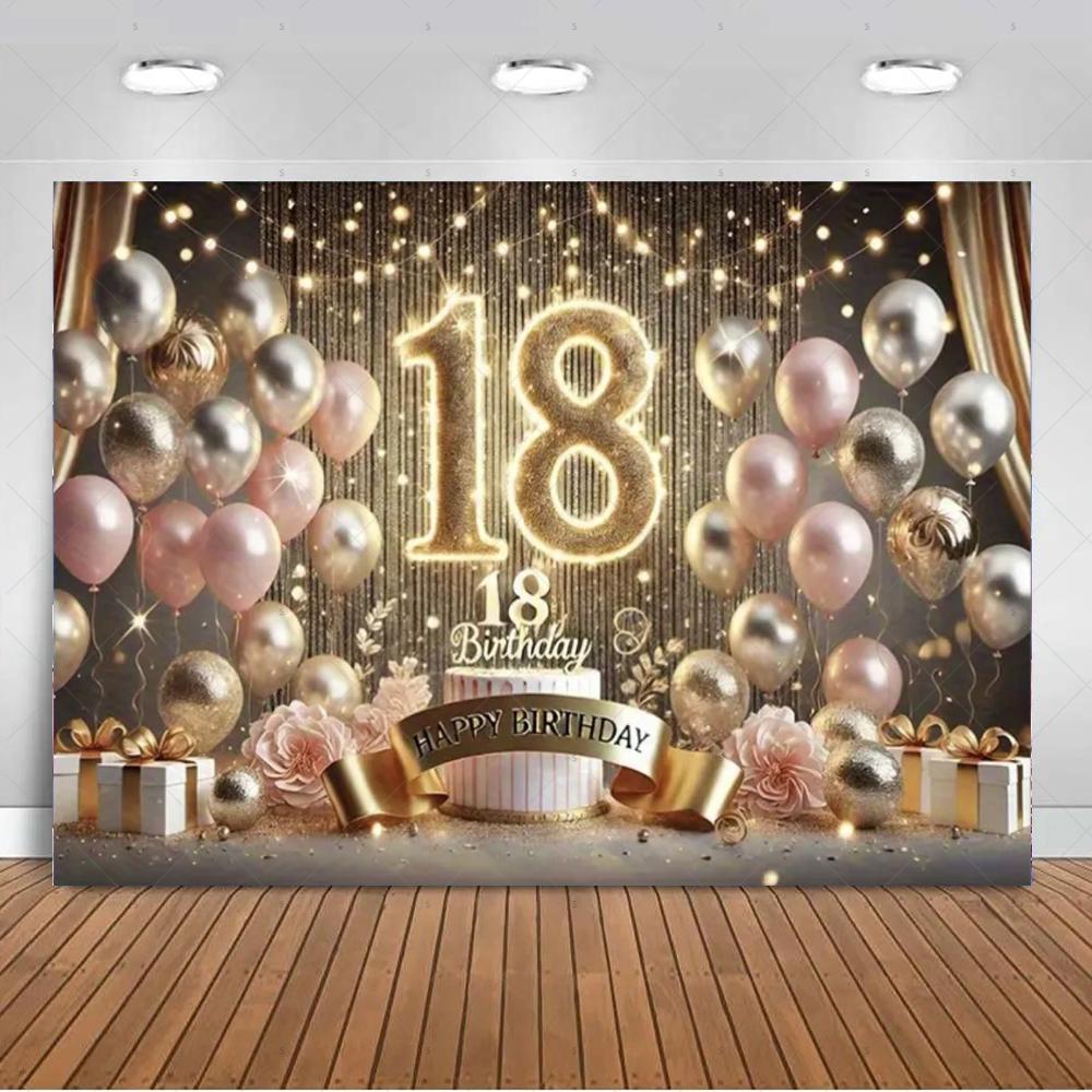 18th  Birthday Partys Decoration Backgound Black Gold Glitter Balloon Banner Women Men Boys Girls Bar Mitzvah Photography Props