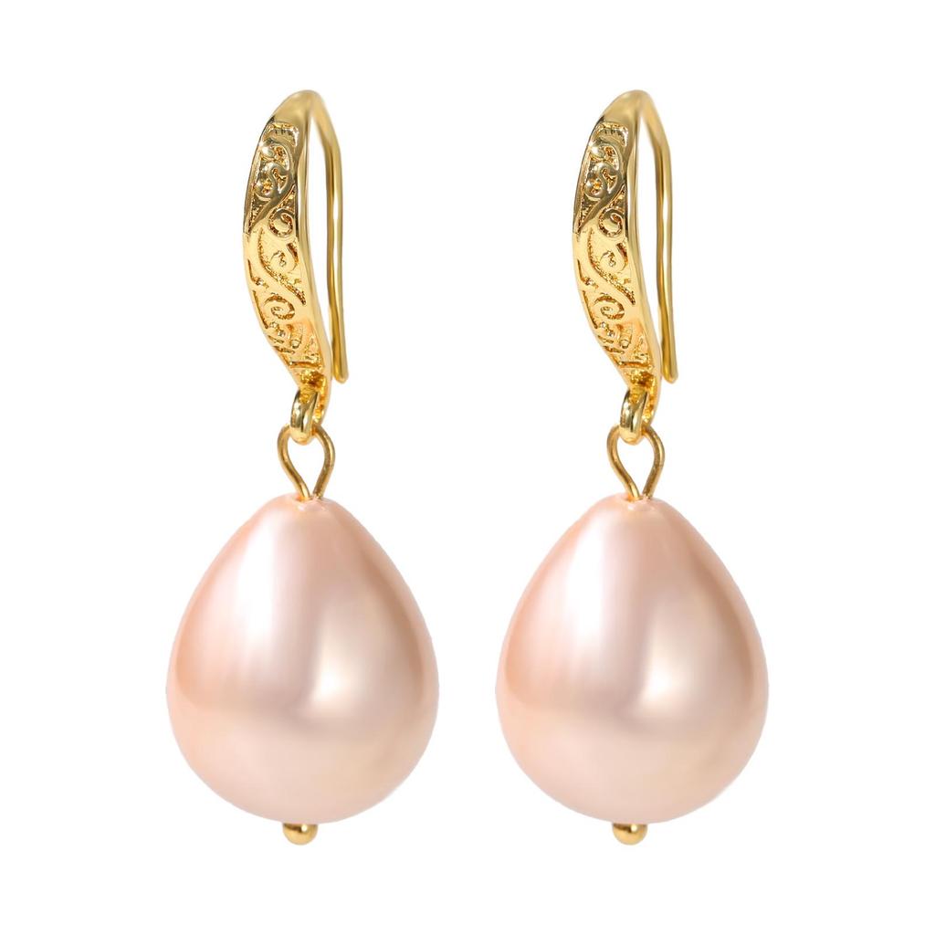 LNCHRAN Copper Gold-Plated Retro Carved Water Drop Imitation Pearl Luxury Women's Earrings