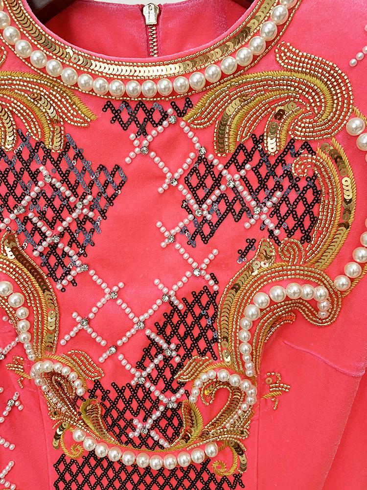 2025 Gold Velvet Long-Sleeve Dress with European & American Heavy Embroidery, Sequins, and Beaded Details