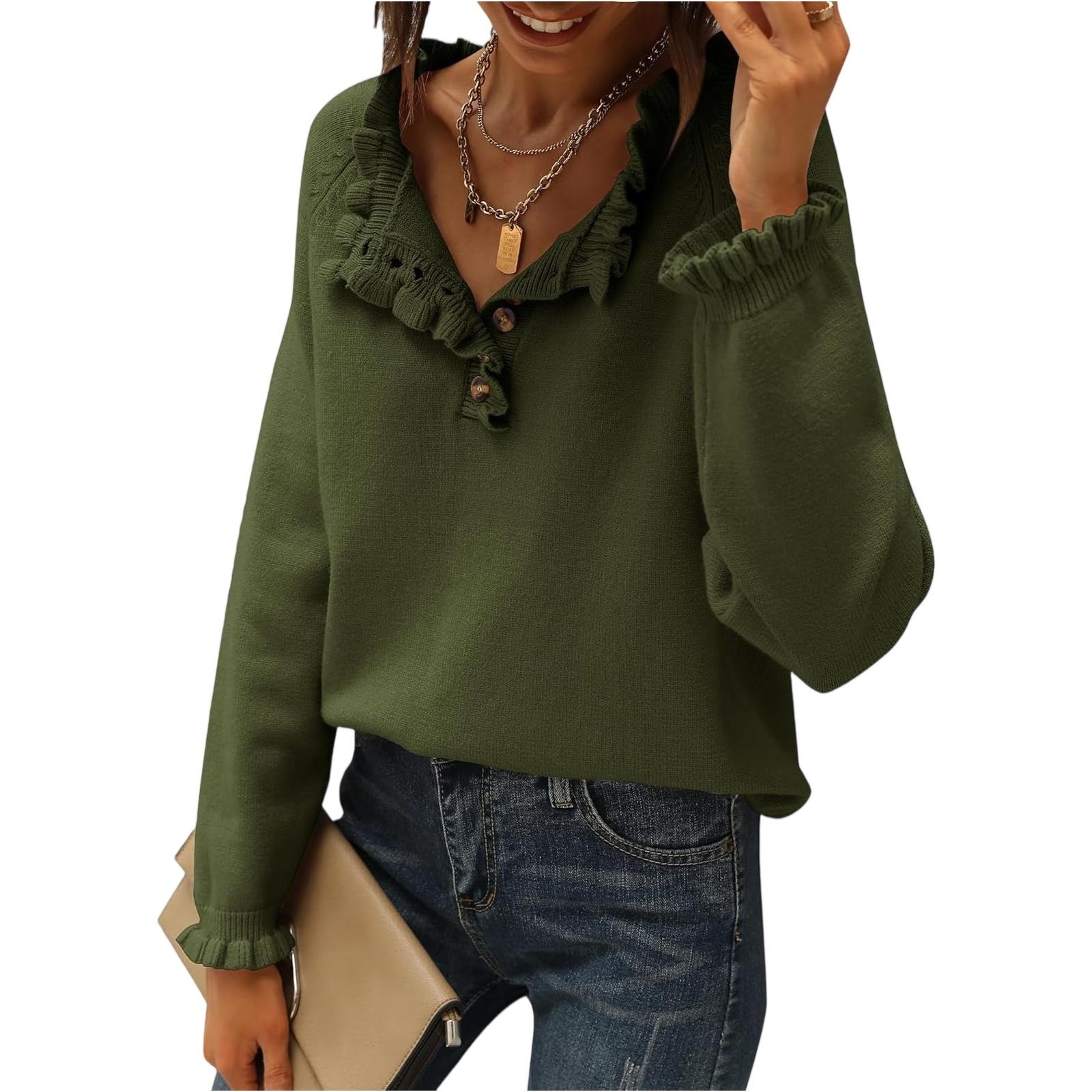 Women s Fashion Knit Casual Long-Sleeve Button-Front Ruffled Pullover Sweater L