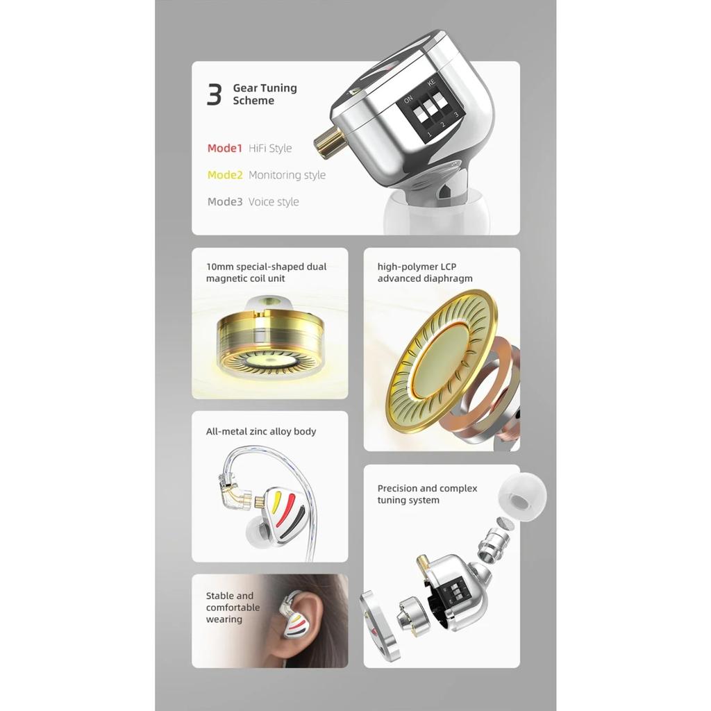 QKZ ODIN Earphones HIFI Monitoring Vocal 3-Level Tuning Switch Metal Heavy Bass Earbuds Dynamic Sport Music Headsets D-Fi Castor