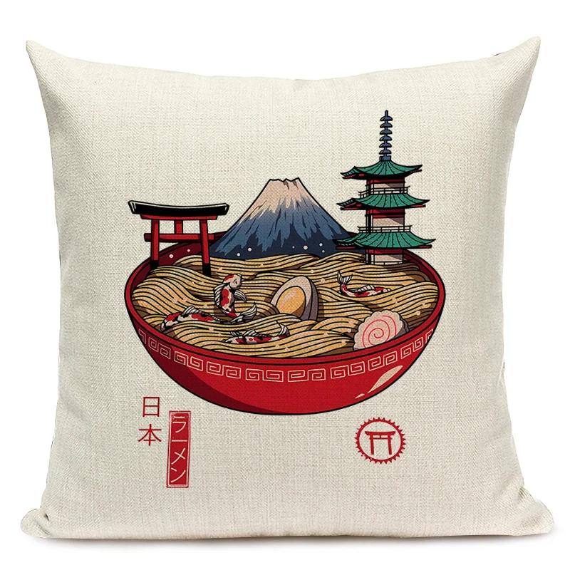 Japanese Style Decorative Cushion Cover Cute Japanese Ramen Tea Cat Octopus Pillowcase for Home Decor