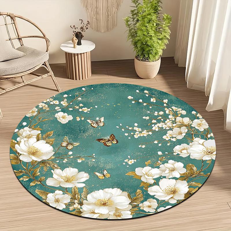 White Flower Retro Style Flannel-printed Round Floor Mats Are Slip-resistant Suitable Living Room Bedroom Terrace Garden Carpets