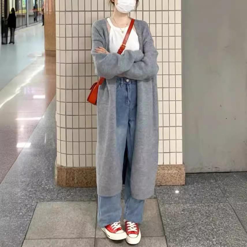 Lässige Mode sanfter langer Pullover locker fauler Wind mehrfarbig Herbst und Winter Damen Knie Strickjacke