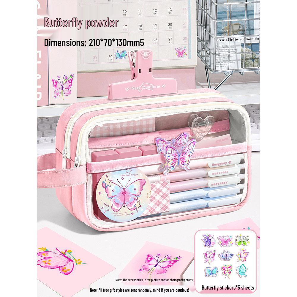 Pink Butterfly High-Value Ins Style Large Transparent Pencil Case for Girls