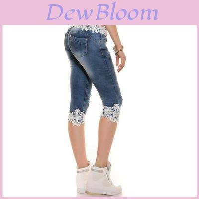 Stylish Women Jeans Lace Elastic Casual Big Size Cowboy Denim Shorts For Daily Wear
