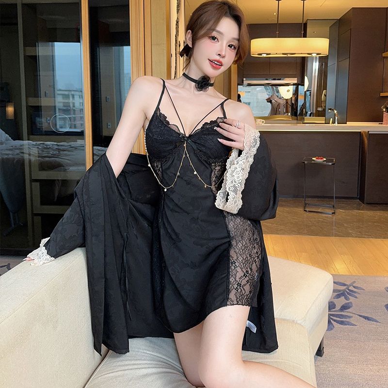 New Jacquard Sexy Suspender Chest Pad Ice Silk Pajamas Women's French Light Luxury New Pure Desire Wind Lace Pajamas