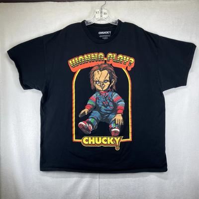 Camiseta Chucky Hombre 2X GRANDE Negra Cuello Redondo Manga Corta Gráfica Horror Elástica
