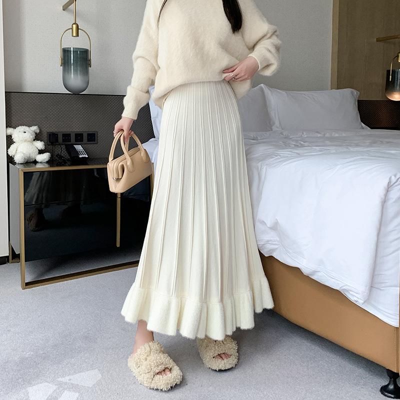 

Свободная трикотажная юбка полудлины для женщин, осень-зима, новый милый стиль, А-силуэт, эластичная талии, плиссированная юбка, узкая шерстяная юбка, розовая, черная One Size абрикосовый