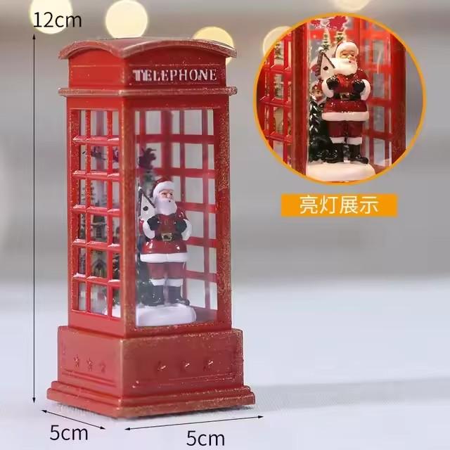Christmas Phone Booth Decoration with Santa Claus, Snowman & Tree - Red Retro Telephone Booth Ornament With Light Home Decorator