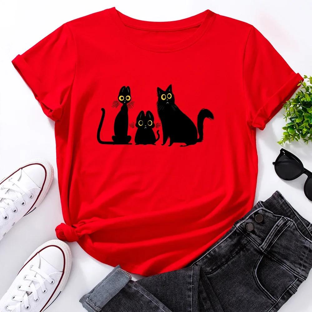 Summer Round Neck Black Cat Graphic Printed Top Fashionable Casual Pure Cotton Short Sleeved Women's T-shirts