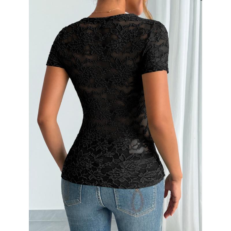 Women S Sexy Lace V Neck Short Sleeve Top