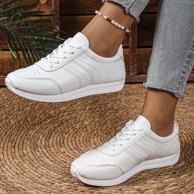 Fashion Women's Lightweight Casual Sneakers White PU Leather Comfort Sports Shoes for Women Lace Up Breathable Running Shoes Plus Size