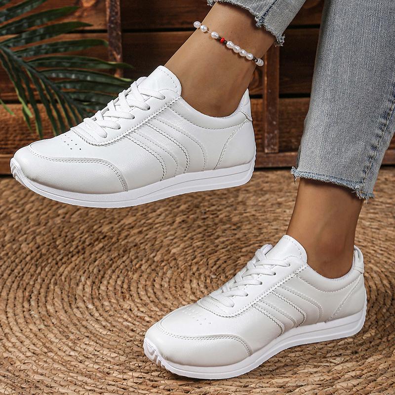 Fashion Women's Lightweight Casual Sneakers White PU Leather Comfort Sports Shoes for Women Lace Up Breathable Running Shoes Plus Size
