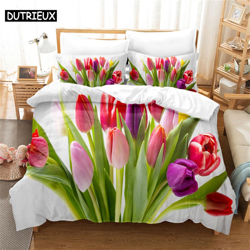 Set de lenjerie de pat Queen cu peisaj de lalele Husă de plapumă Set de pat pentru dormitorul copiilor Set husă de plapumă Mărime King Set husă de plapumă Seturi de lenjerie de pat