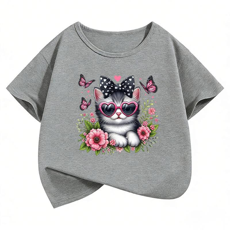Kawaii Cat Floral Butterfly Design TShirt Girls Summer Clothes Short Sleeve Cat TShirts Cute Kids Clothing T Shirt