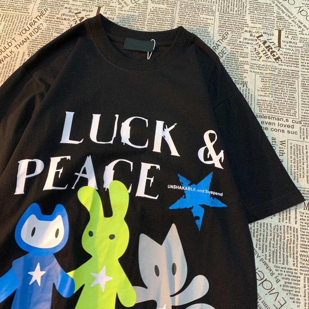 American Retro Letter Graffiti Print Funny Short Sleeved T-shirt For Men Women Loose And Versatile Street Couple Half Sleeved