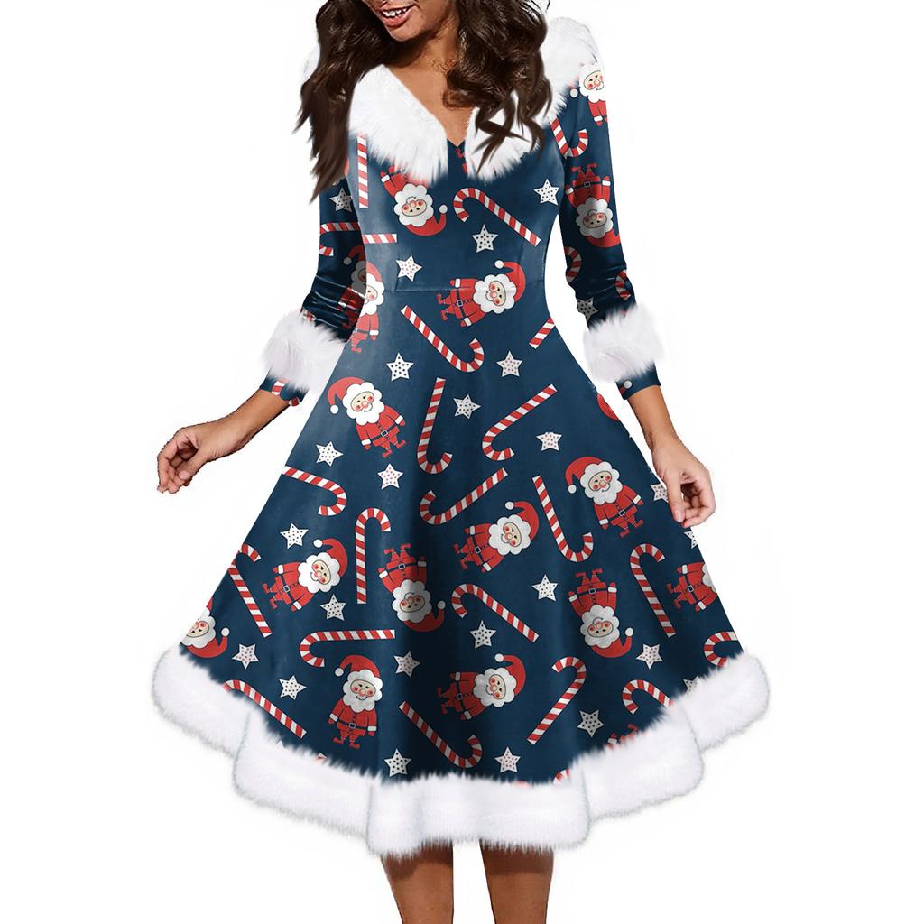 Women's Fashion V-neck Casual Fit Christmas Print Party Long Sleeve Dress