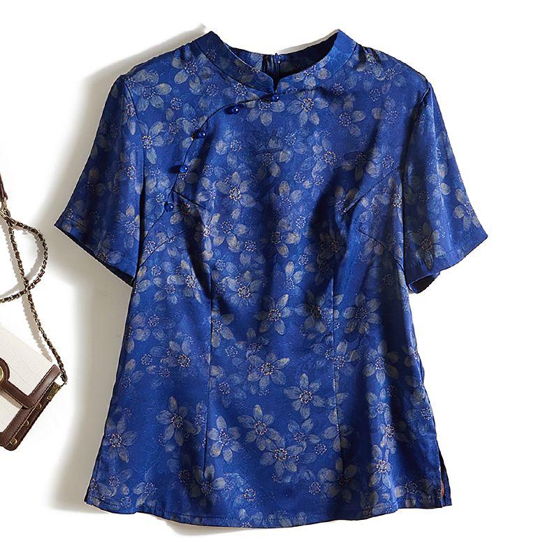 

Bright and Bright Colors! Harajuku Style Women s Summer Small Stand Collar Buckle Poplin Silk Short Sleeve Print T-shirt Exquisite Dark blue L