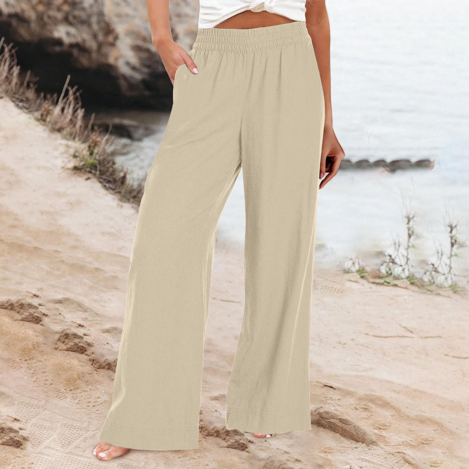 

Брюки из хлопка и льна, летние широкие повседневные свободные брюки с высокой талией и карманами XXL бежевый