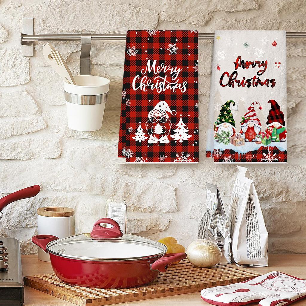 2 Pack Christmas Kitchen Towels Cute Gnome Pattern Absorbent Dish Cloths Festive Home Decor Gift