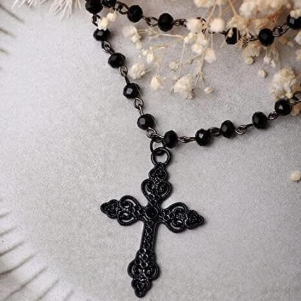Charm Gothic Black Hollowed-out Cross Pendant Double Layer Black Beaded Necklace for Women Halloween Party Vampire Jewelry Gifts