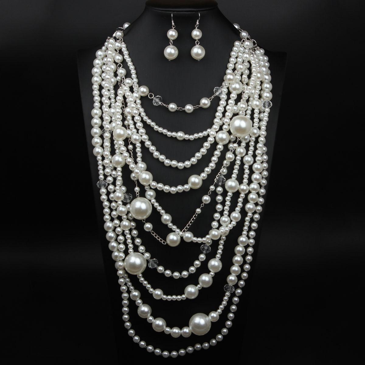 

Multi - Layered Pearl Necklace and Earrings Set for Women , Long Exaggerated Style , Gold and Silver Colors серебряный