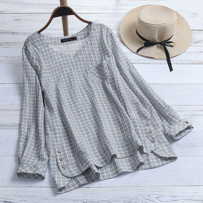 Women's Long Sleeve Plaid Check Shirt Tops V Neck Casual Asym Hem Blouse For Everyday Elegance