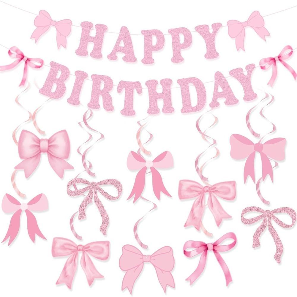 Bow Theme Happy Birthday Banner Paper Backdrop Decor New Hanging Garland  Party Supplies