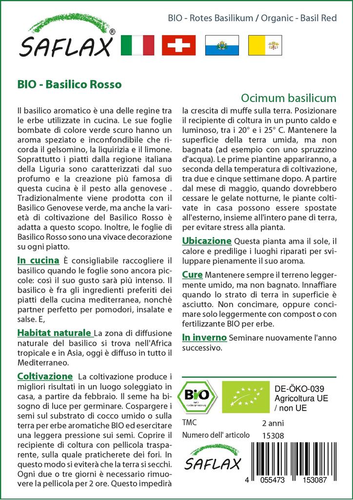 SAFLAX Orgánico - Albahaca Roja - 400 semillas - Con sustrato para maceta para un mejor cultivo - Ocimum basilicum