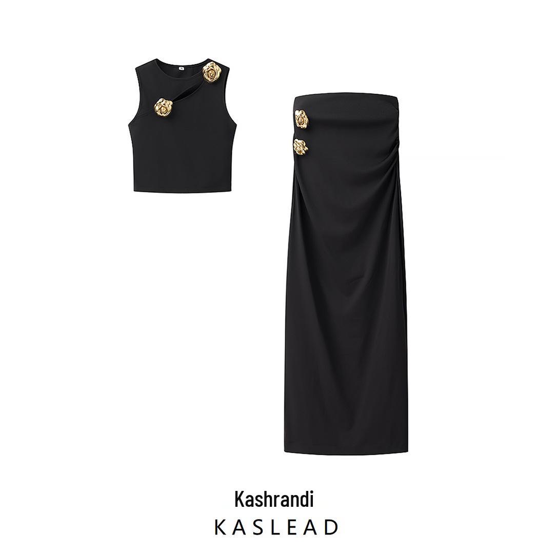 

Spring 2025 Women s European & American Style Knit Top and Mid-Length Skirt Set L