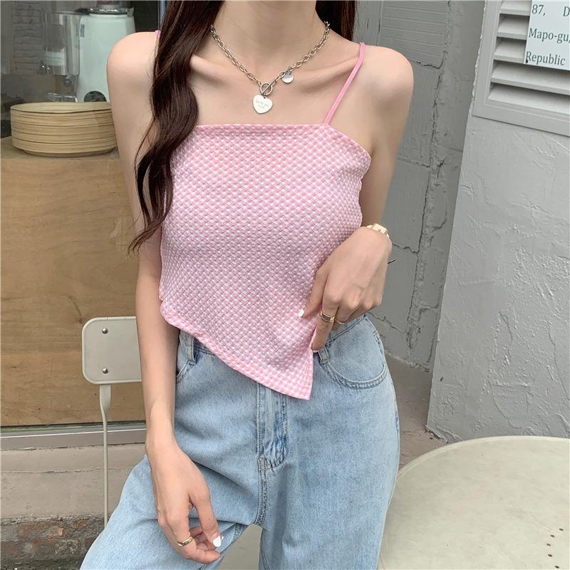Summer New Retro Sexy Spice Slim Plaid Irregular Halter Vest Women's Slimming Top