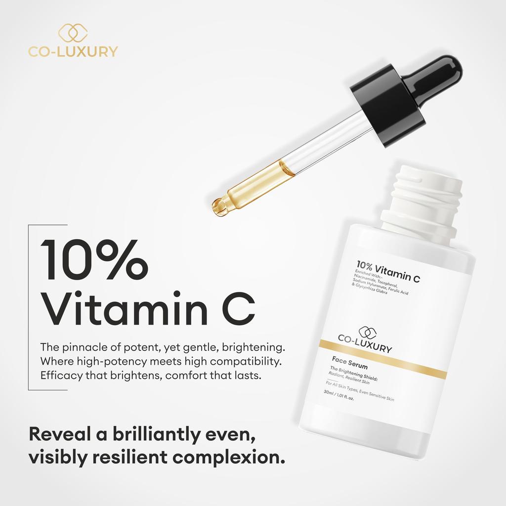 CO Luxus 10% Vitamin C Gesichtsserum mit Niacinamid & Hyaluronsäure | Aufhellend, Feuchtigkeitsspendend, Entfernung von Pigmentflecken | Für Alle Hauttypen 30ml (Neuer Pa