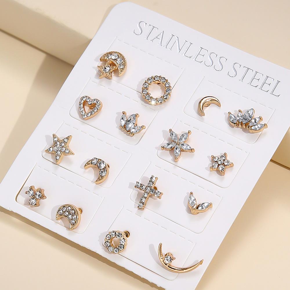 Personality Temperament Asymmetrical Stud Earrings, Fashionable Diamond-Set Stars Moon Geometric Earrings Women