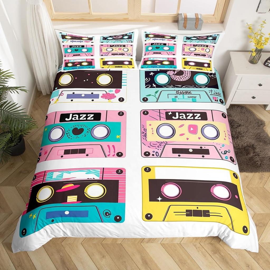 80er 90er Bettbezug Full Vintage Kassette Schallplatte Memphis Bettwäsche-Set Hippie Musik Bettdeckenbezug Geometrisches Bettset