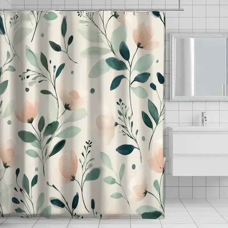 Watercolor-Style Floral Shower Curtain With Hooks, Made Of Polyester, Machine Washable, Suitable For Bathroom Decor.