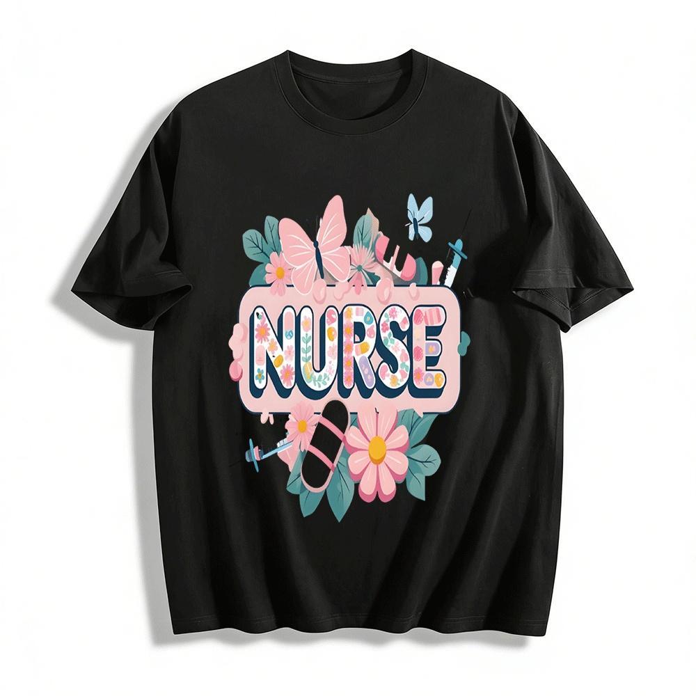 

Floral Nurse Themed Print Casual Top For Medical Workers Pure cotton T-shirt XXS