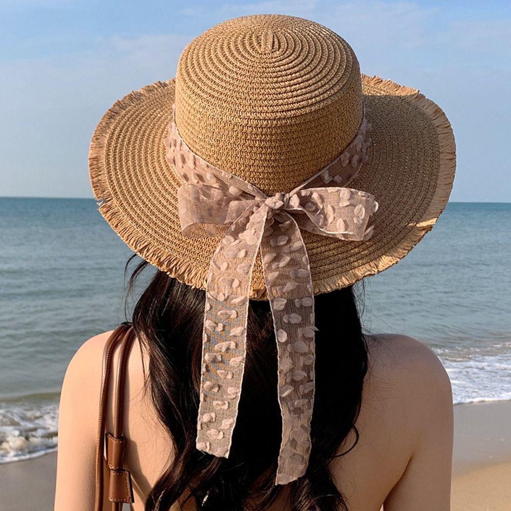 Fashion Large Brim Wide Brim Summer Sun Hat Lace Bowknot Anti Uv Sunshade Cap Sweet Breathable Straw Hat Seaside Vacation