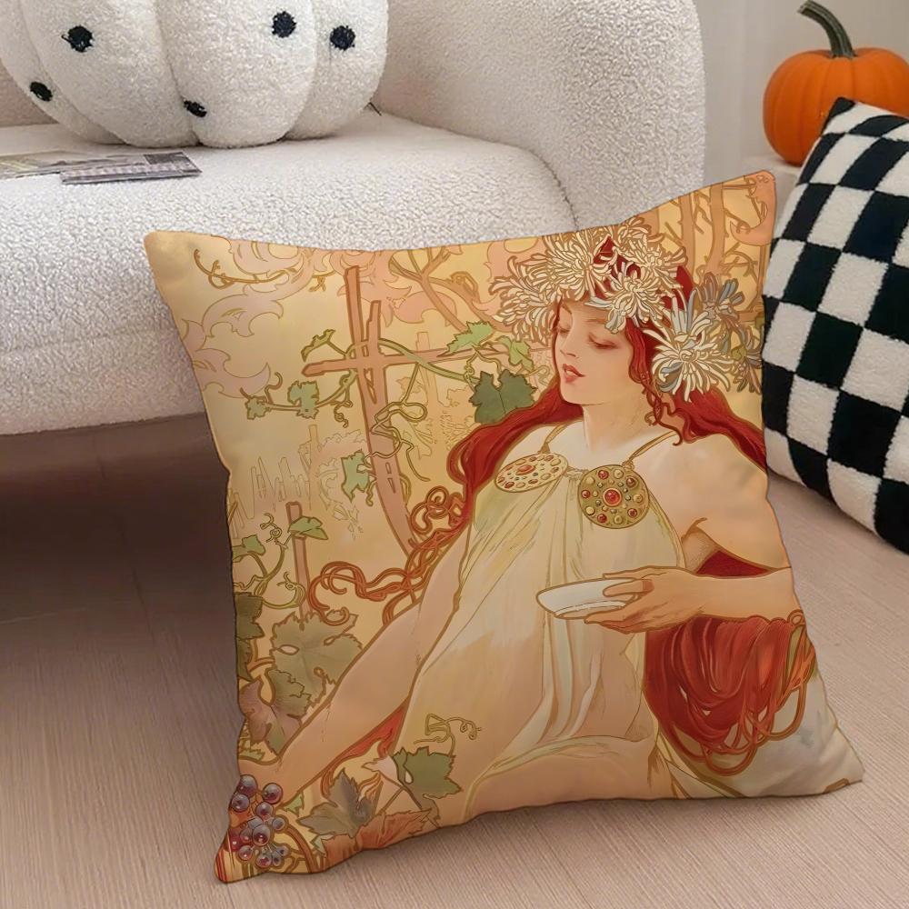 A-Alphonse Maria M-Mucha Cushion Cover Linen Pillow Case Soft Breathable Protective Couch Room Decoration