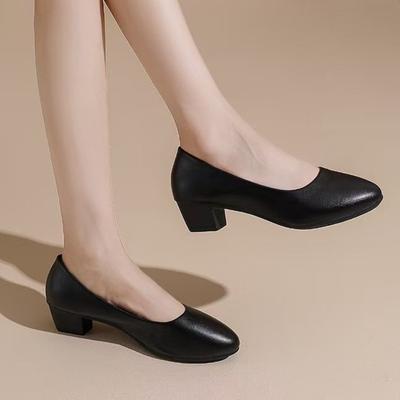 Autumn Black High Heels Women's Spring Soft Leather Thick Heel Commuter Work Shoes Pointed Small Leather Shoes One Pedal Women's Shoes