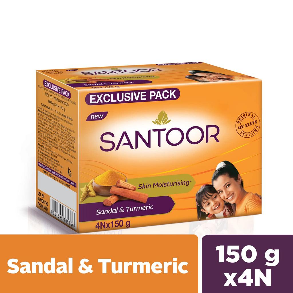 Santoor Sandal and Turmeric Bathing Soap Bar for Deeply Moisturizing All Skin Types To Achieve Soft and Radiant Glow Pack of 1 4N X 150g