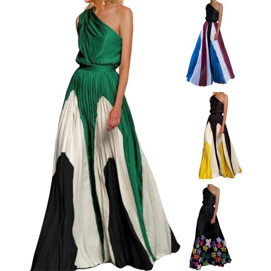 1 Set Bankettkleid Kontrastfarbe Atmungsaktiv Bodenlang Großer Saum Abendkleid