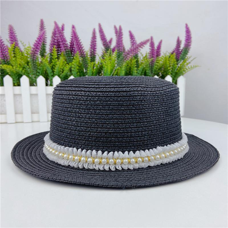 Summer small eaves straw weaving flat top flat eaves lace pearl bead grass hat sunscreen travel Internet celebrity women's Xiaoxiang style