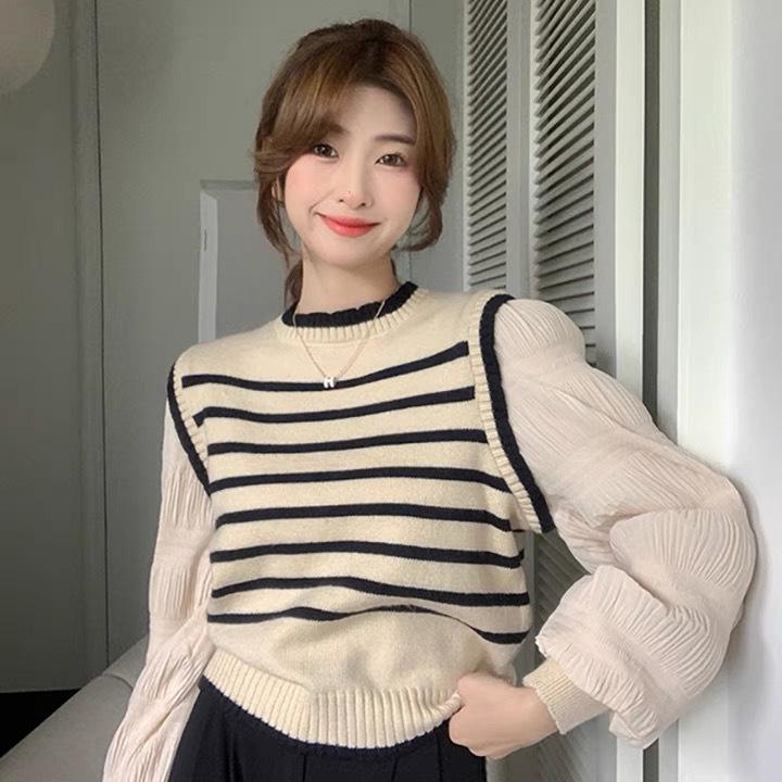 Women's 2023 French Style Striped Patchwork Long Sleeve Knit Sweater