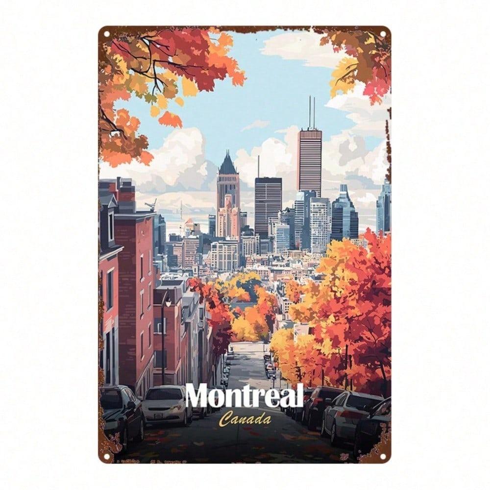 Vintage Montreal Autumn Cityscape Metal Tin Sign 8x12 In 2D Flat Wall Decor Retro Farmhouse Home Kitchen Cafe Bar Gift
