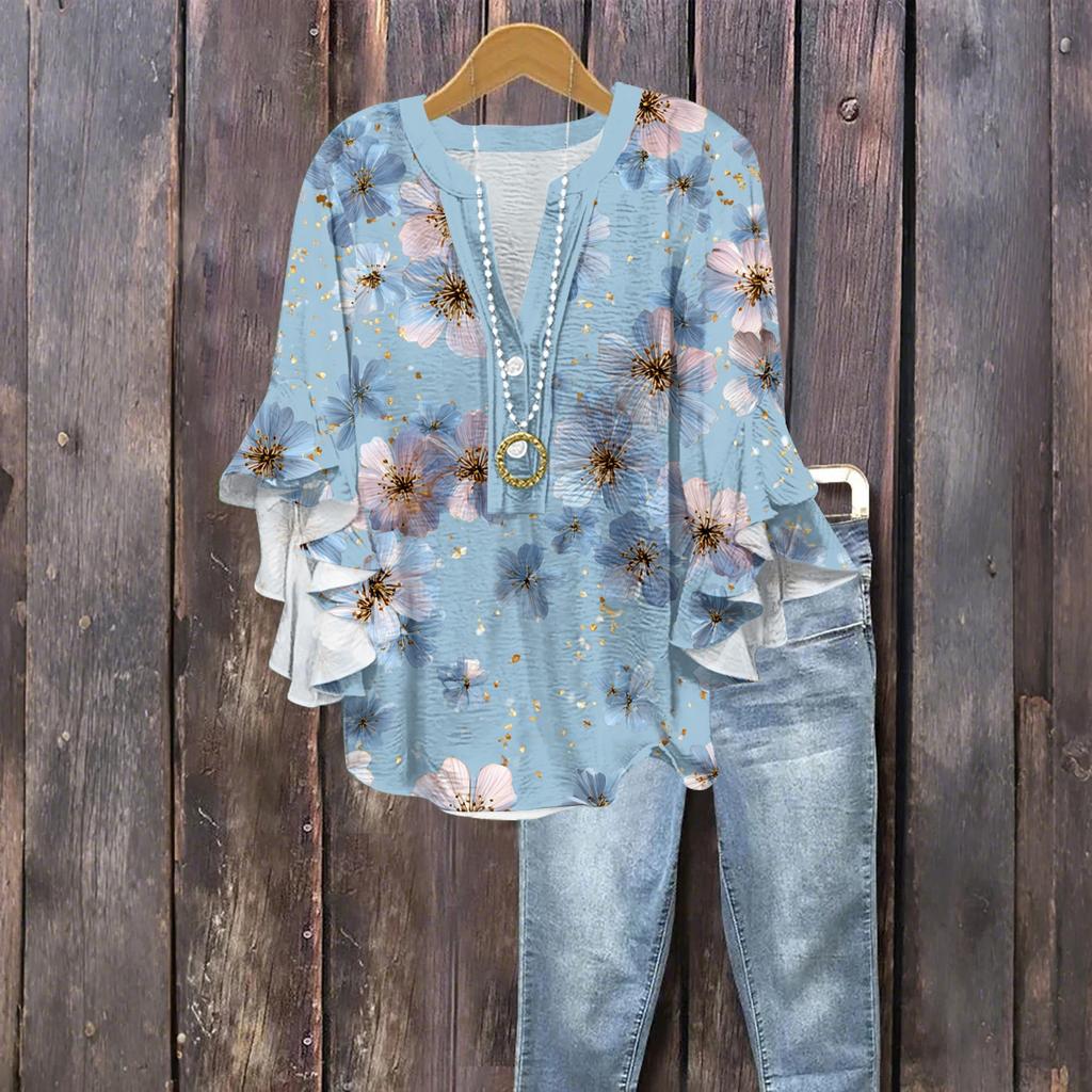 Women's Fashion Button V-Neck Ruffle Seven Sleeve Blouse Floral Printed Top
