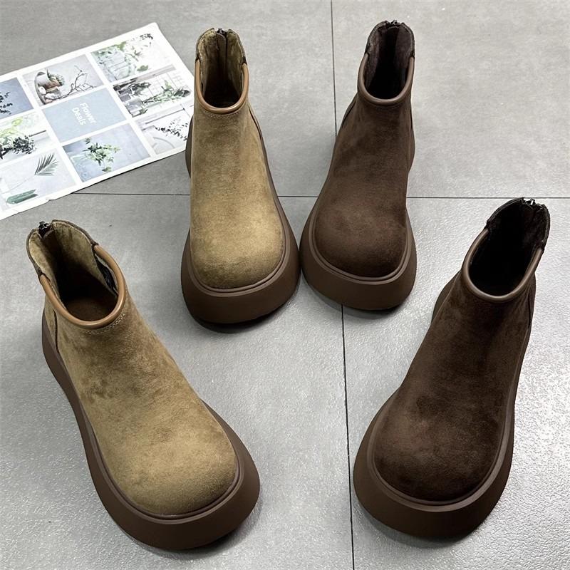 Flats Platform Suede Ankle Boots Winter Snow Plush Warm Cotton Shoes Mid Heels Fashion Boots Trend Goth Chelsea Botas Mujer