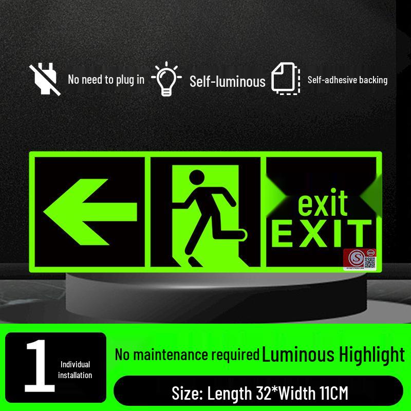 Fluorescent Fire Exit Sign - Self-Adhesive, No Wiring