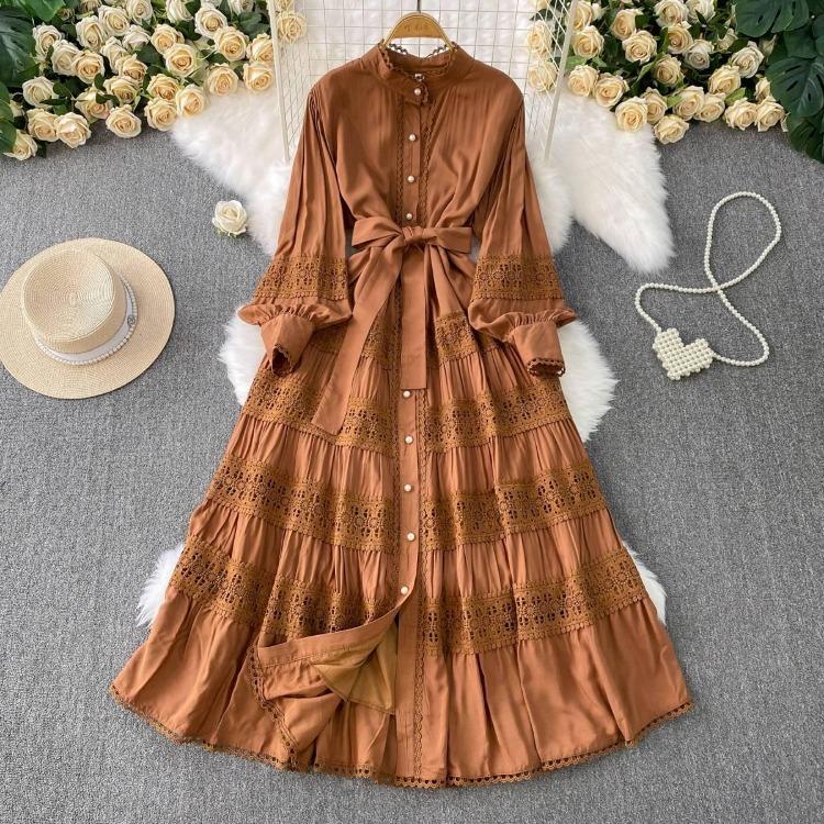 Luxury Party Dress for Women Long Lace Hollow Out Bandage Runway Patchwork Solid Lantern Sleeve Single Breasted Stand Dress